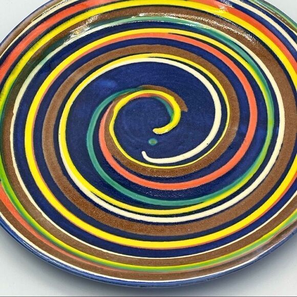 Earthworks Barbados WestIndies Red Clay Pottery Blue Multi Swirl Bowl & Plate - Picture 14 of 16